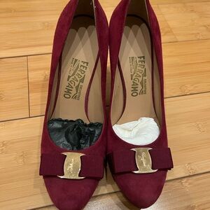 Salvatore Ferragamo Burgundy Suede Heels with Gold Accent Size 8B